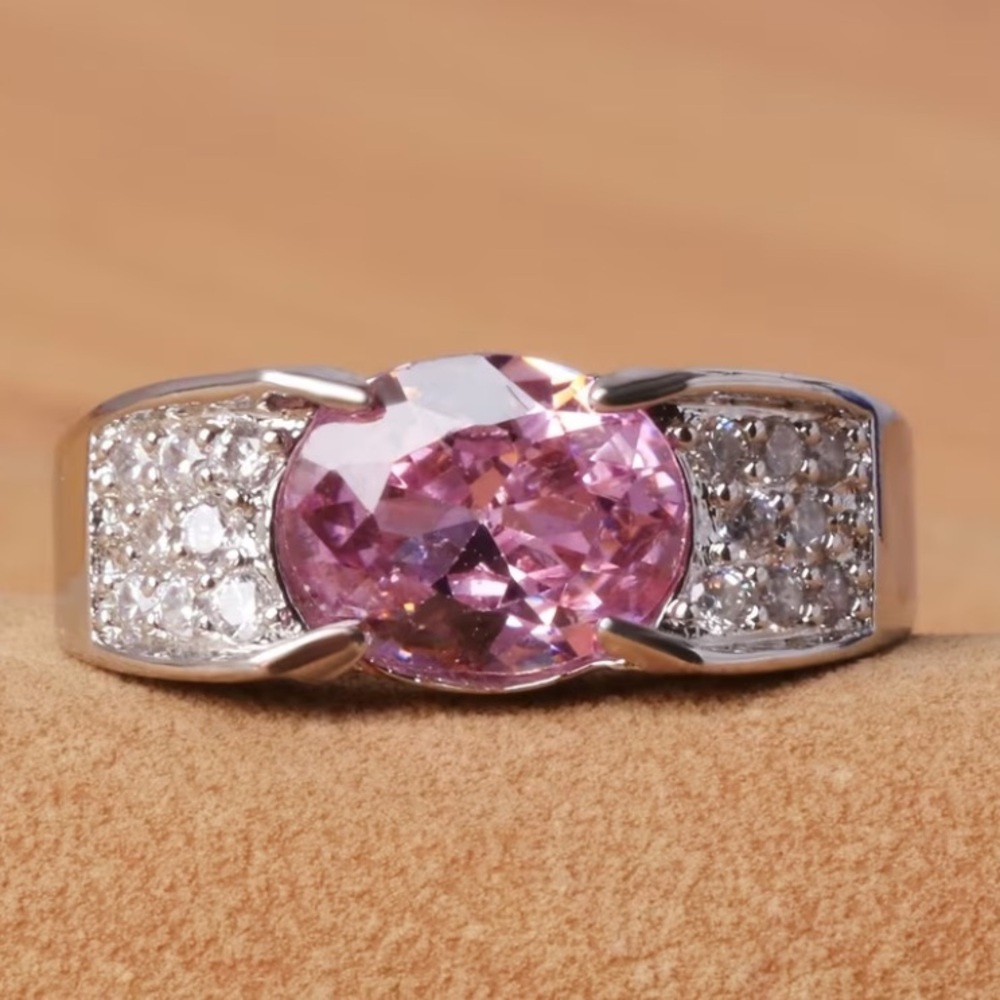 Pink Oval Synthetic Cubic Zirconia and Pave Crystal Ring